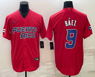 Men%27s Puerto Rico Baseball #9 Javier Baez 2023 Red World Baseball Classic Stitched Jersey